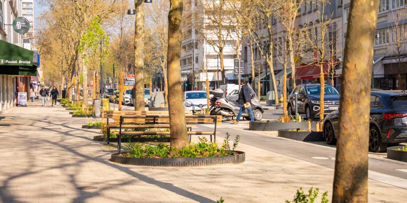 Photographie de l'avenue Gabriel-Péri au printemps : un homme traverse le passage piéton, sur lequel il est prioritaire, par une belle journée ensoleillée. - Agrandir l'image, fenêtre modale